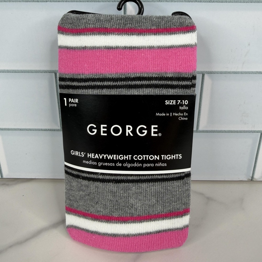 George Leggings Girls Size 7-10 Gray Pink Heavyweight Cotton Stripe Knit Warm